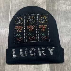 Lucky Rhinestone Beanie Black Cherry 777 Bling Hat